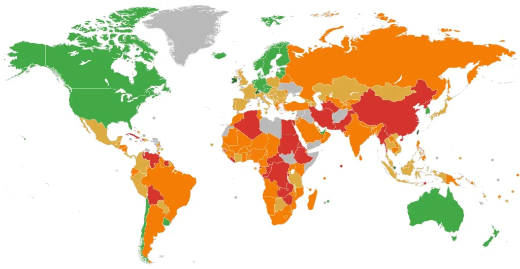 شاخص آزادی اقتصادی 2023 که توسط بنیاد هریتیج و وال استریت ژورنال منتشر شده است (رنگ سبز، آزادی اقتصادی بیشتر)